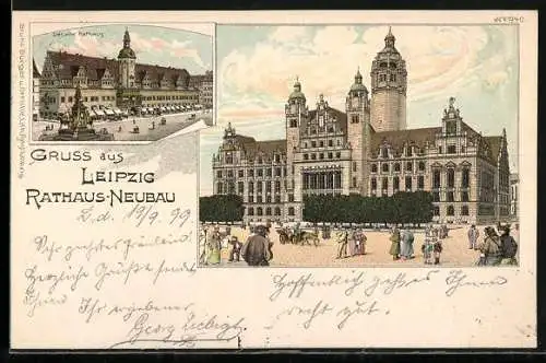 Lithographie Leipzig, Altes und neues Rathaus