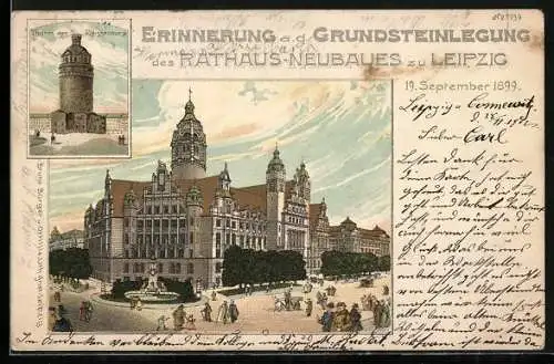 Lithographie Leipzig, Erinnerung an die Grundsteinlegung des Rathauses 1899