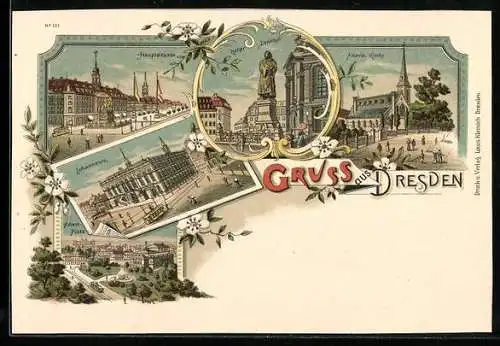 Lithographie Dresden, Johanneum, Hauptstrasse, Albertplatz, Lutherdenkmal und Amerik. Kirche