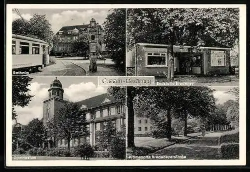 AK Essen-Bredeney, Endstelle, Rathaus mit Strassenbahn, Gymnasium und Promenade Bredeneyerstrasse