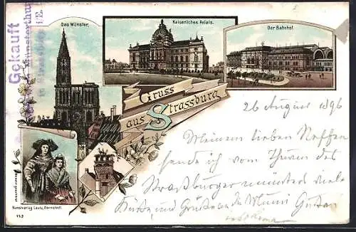 Lithographie Strassburg, Münster, Kaiserliches Palais, Bahnhof, Elsässerinnen in Tracht
