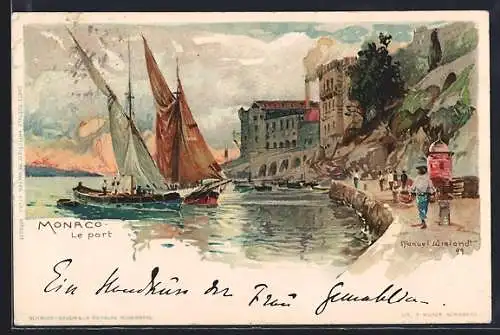 Künstler-AK Manuel Wielandt: Monaco mit Segelschiffen