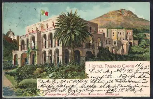 Lithographie Capri, Hotel Pagano mit Arkaden und Gartenanlage