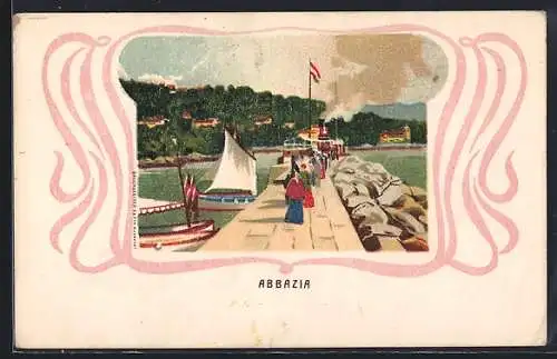 AK Abbazia, Leute an der Anlegestelle, Dampfer