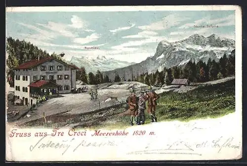 Lithographie Cortina, Panorama mit Hotel Tre Croci, Novelau und Monte Tofana
