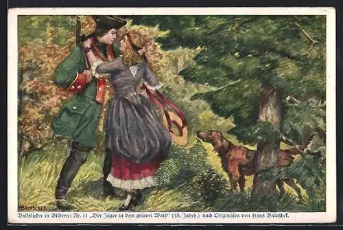 Künstler-AK Hans Baluschek: Jäger mit seiner Geliebten im grünen Wald, Jagdhund