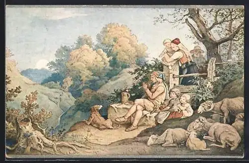 Künstler-AK Ludwig Richter: Frühling, Hirte mit Schafherde