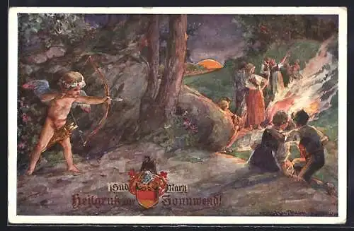 Künstler-AK Hans Kaufmann: Paare um Sonnenwendfeuer, Amor im Gebüsch