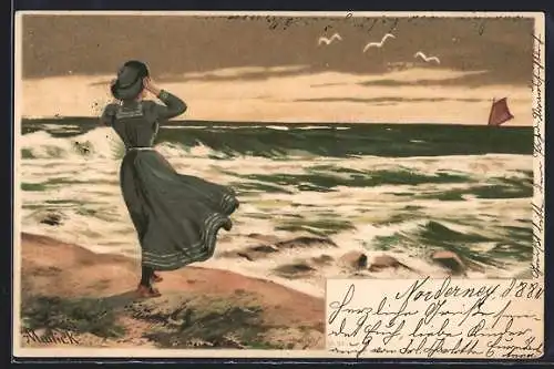 Künstler-AK Alfred Mailick: Frau am Strand schaut einem Segelschiff hinterher