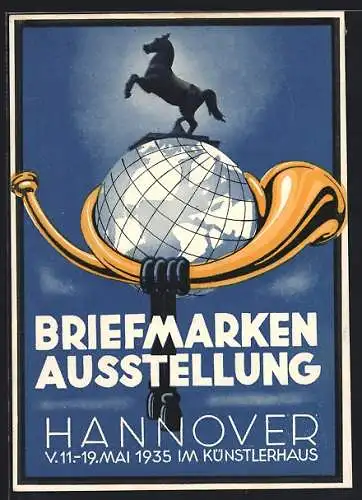 AK Hannover, Briefmarken-Ausstellung 1935, Pferd auf einem Globus im Posthorn