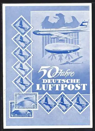 Künstler-AK Bonn, 50 Jahre Deutsche Luftpost 1969, Zeppelin und Flugzeug