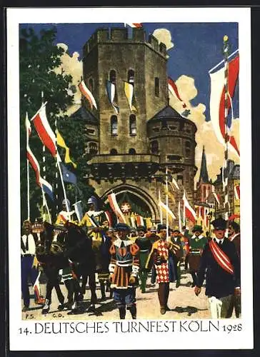 Künstler-AK Köln, 14. Deutsches Turnfest 1928, Historischer Festzug am Severinstor