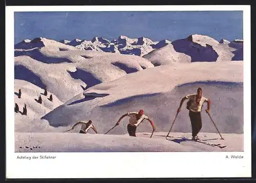 Künstler-AK sign. A.Walde: Aufstieg der Skifahrer