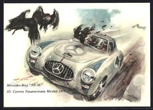 Künstler-AK Auto vom Typ Mercedes-Benz 300 SL bei der III. Carrera Panamericana Mexico 1952