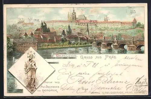 Lithographie Prag / Praha, Hradschin, Panorama der Königsburg, Statue des St. Johannes von Nepomuk