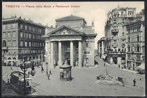 AK Trieste, Piazza della Borsa e Restaurant Dreher, Strassenbahn