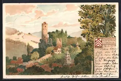 Lithographie Eppstein / Taunus, Sicht zur Festung
