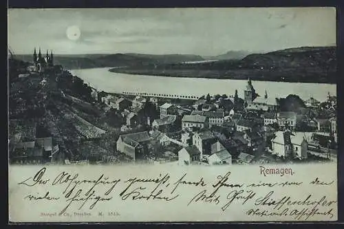 Mondschein-AK Remagen, Ortsansicht mit Flusspartie