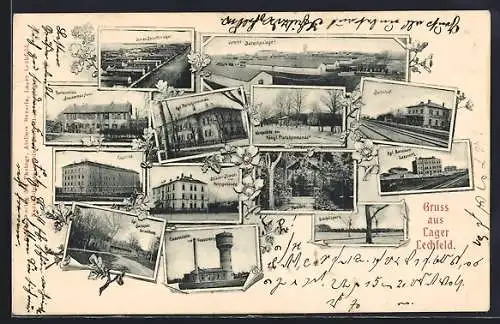 AK Lechfeld, verschiedene Ansichten vom Lager mit Kaserne, Bahnhof, Barackenlager, Restauration Steinernes Haus