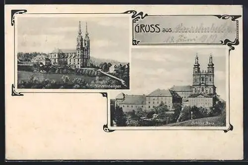 AK Vierzehnheiligen / Lichtenfels, Schloss Banz im Jugendstil-Rahmen