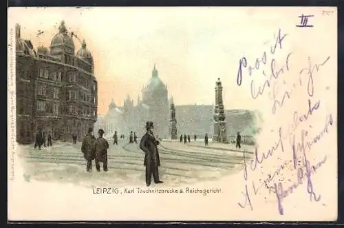 Lithographie Leipzig, Karl Tauchnitzbrücke und Reichsgericht im Schnee