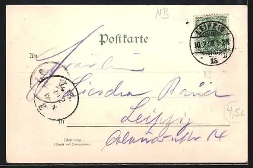 Lithographie Leipzig, Karl Tauchnitzbrücke und Reichsgericht im Schnee
