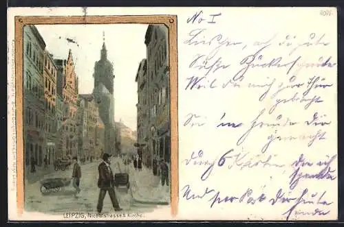 Künstler-AK Leipzig, Nicolaistrasse & Kirche