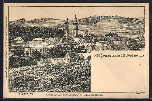 Künstler-AK Hermann Daur: St. Peter / Schwarzwald, Gesamtansicht mit Kirche