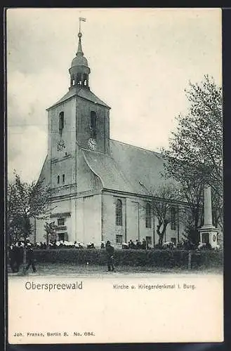 AK Burg / Spreewald, Kirche und Kriegerdenkmal i. Burg