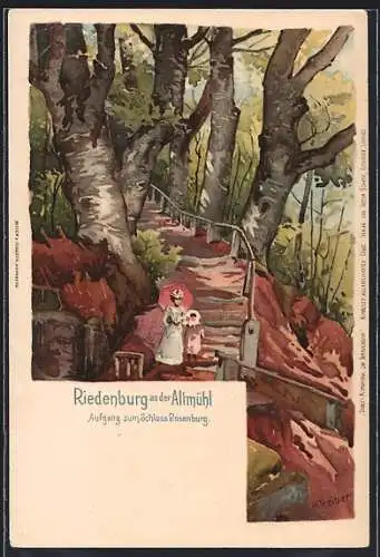 Künstler-AK Riedenburg / Altmühltal, Aufgang zum Schloss Rosenburg