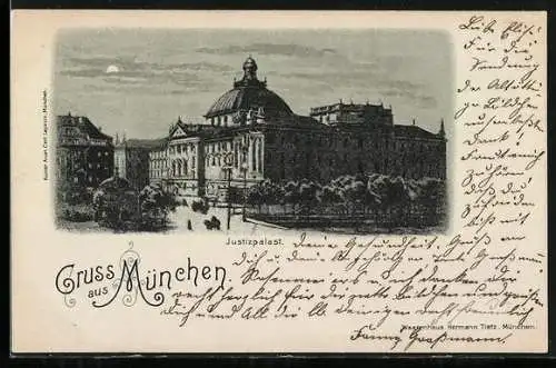 Künstler-AK München, Justizpalast mit Anlagen im Mondschein