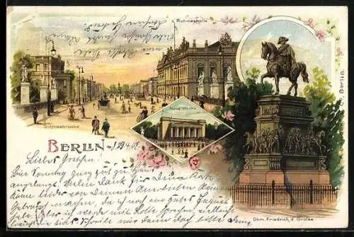 Lithographie Berlin, Ruhmeshalle und Schlossbrücke, Neue Wache