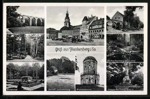 AK Frankenberg /Sachsen, Markt, Schloss Sachsenburg, Bismarckturm, Ehrenmal, Lützeltalbrücke, am Rittergut