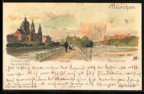 Lithographie München, Isarlust, Panorama mit Lukaskirche, Brücke und Maximilianeum