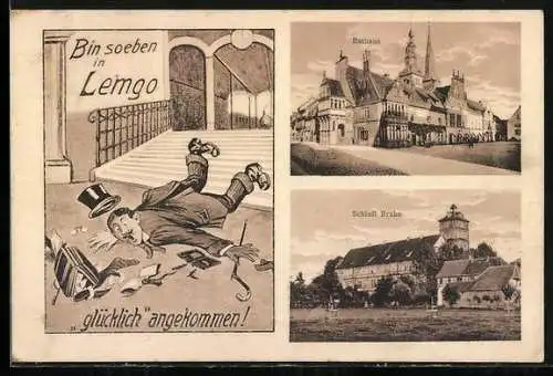 AK Lemgo, Rathaus, Schloss Bräke, Reisender mit Missgeschick bei Ankunft
