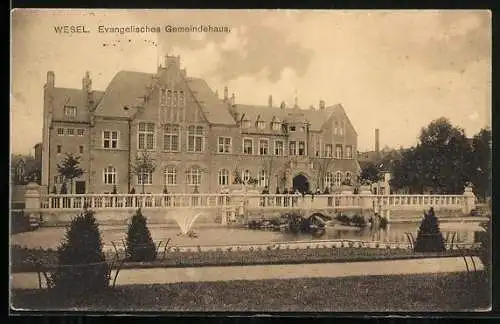 AK Wesel / Rhein, Evangelisches Gemeindehaus mit Gartenteich
