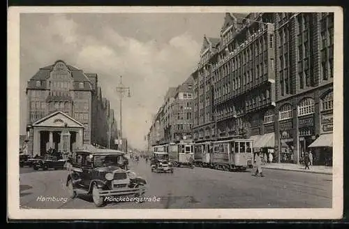 AK Hamburg, Mönckebergstrasse mit Geschäften, Strassenbahn