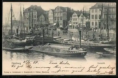 AK Hamburg-Neustadt, Steinhöft, Frachtschiffe mit Häuser-Panorama
