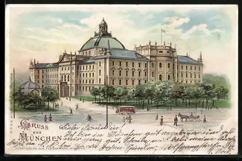 Lithographie München, Strassenbahn am Justizpalast