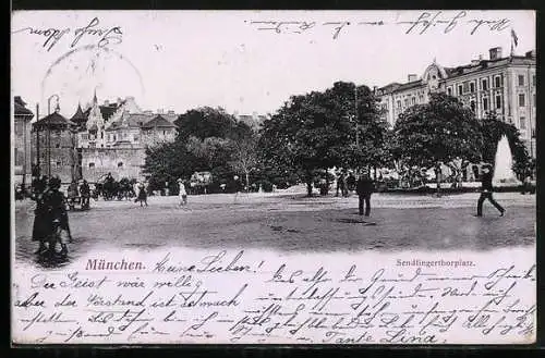 AK München, Sendlingerthorplatz, Panorama mit Springbrunnen
