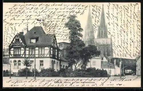 AK Cöln, Partie an der Rheinbrücke, Panorama mit Dom