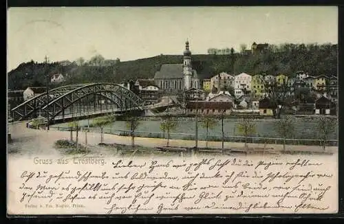 AK Trostberg, Brücke mit Uferweg u. Ortspanorama