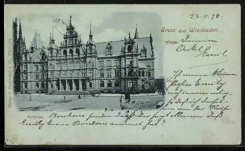 AK Wiesbaden, Rathhaus mit Strasse u. Kirche