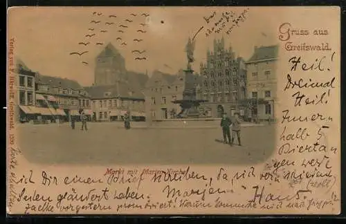 AK Greifswald, Markt mit Marien-Kirche und Denkmal