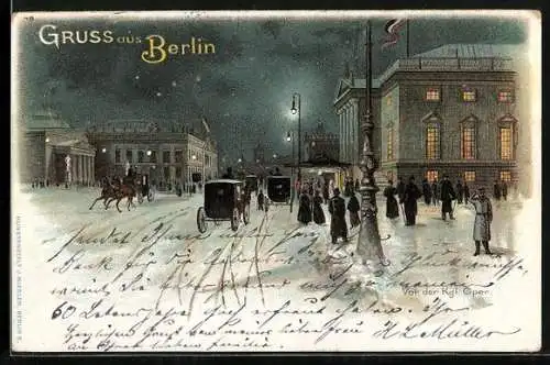 Lithographie Berlin, Leute vor der Oper bei Nacht u m 1900