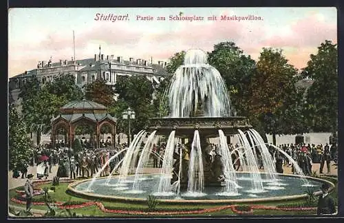 AK Stuttgart, Partie am Schlossplatz mit Musikpavillon