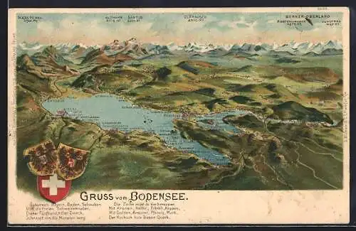 Lithographie Konstanz, Landkarte mit Bodensee, Wappen