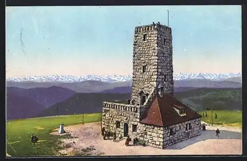 AK Feldberg / Schwarzwald, Feldbergturm mit Leuten und Alpenpanorama
