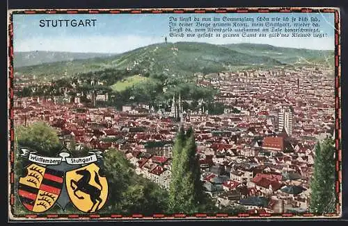 AK Stuttgart, Totalansicht, Wappen der Stadt und von Württemberg