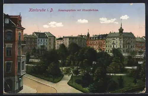 AK Karlsruhe, Sonntagsplatz mit Hirschbrücke